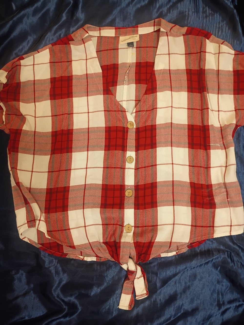 Universal Thread Red and White Plaid Button-Front Tie-Hem Top